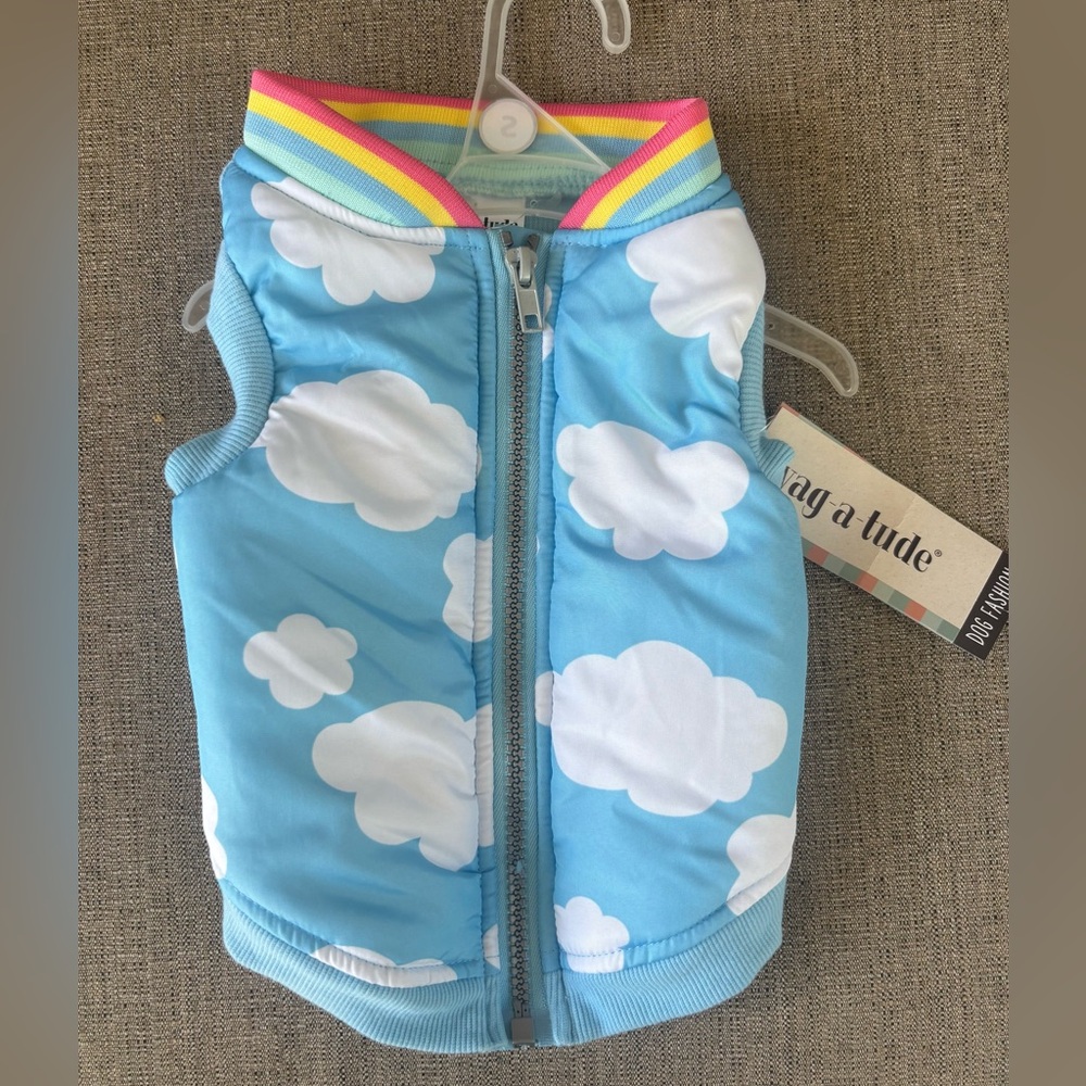 Wag-A-Tude Blue Clouds Zip Bomber Jacket for Dogs NWT size S